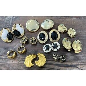 Clip Earrings Vintage Estate Lot of 10 Gold Tone Black White Classic